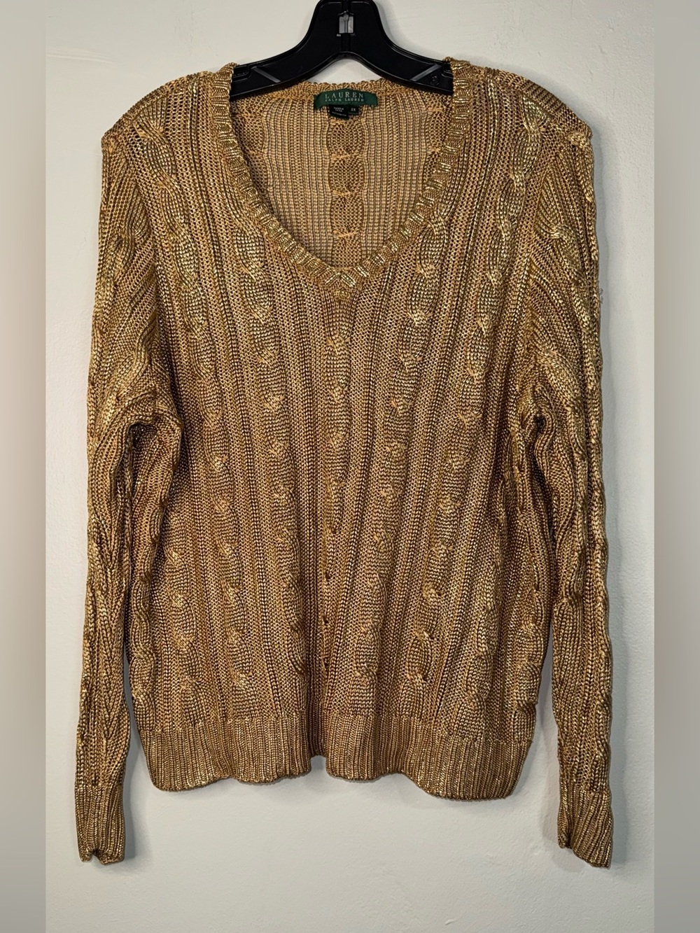 Ralph Lauren Gold Cable-Knit V-Neck Sweater